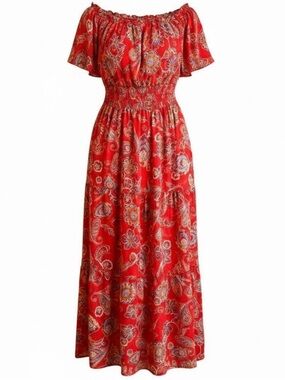 Rabbit‎ Rabbit Rabbit Red Paisley Off Shoulder Boho Prairie Maxi Dress 6